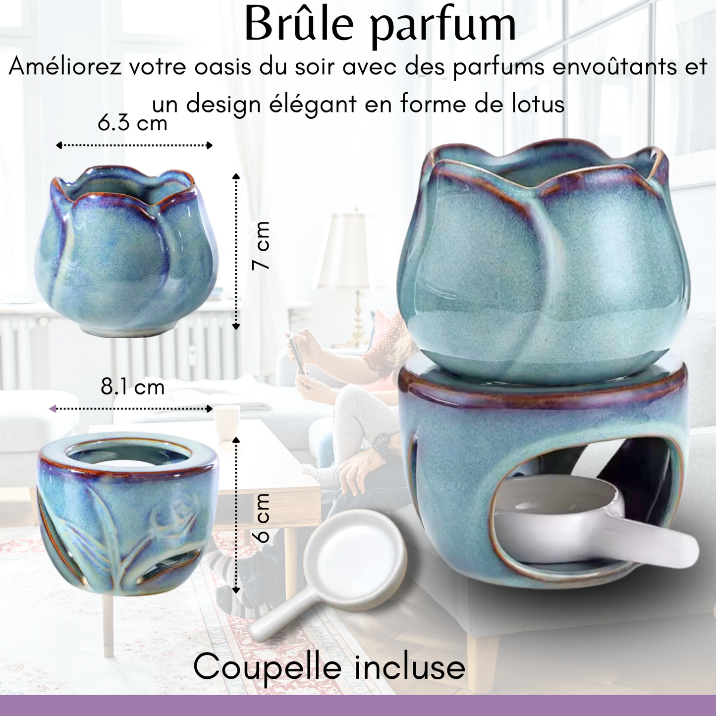 Brûle parfum en céramique avec coupelle - Motif fleur de lotus